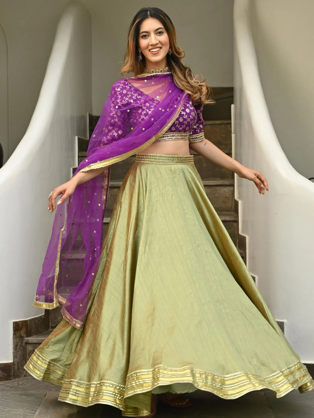 Green Purple Brocade Gota Lehenga Set