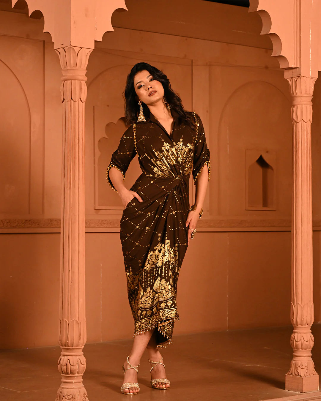 Cotton Rayon Brown Ghunghroo Shirtdress