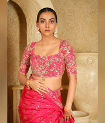 Dark pink butter metallic crush tissue saree