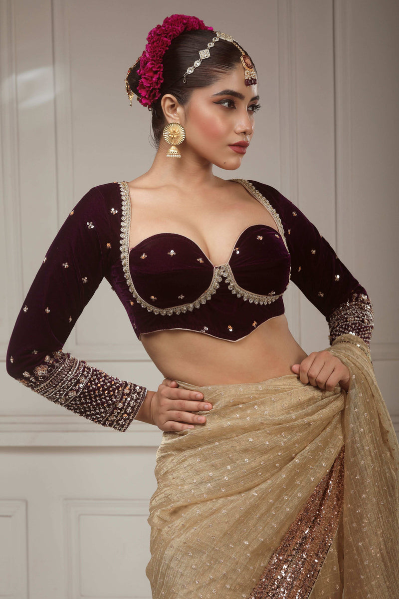 Brushed Gold Crush Tissue Saree with Dark Purple Velvet Embroidered Blouse