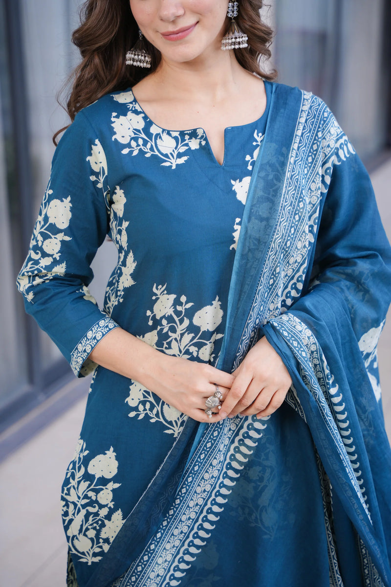 Ramya Blue Cotton Suit Set- By Reet Lifestyle