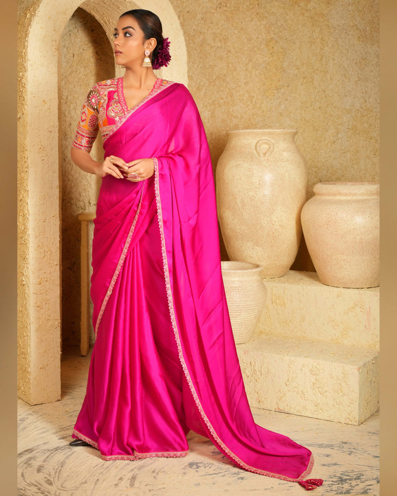 Fuchsia pink silk satin saree