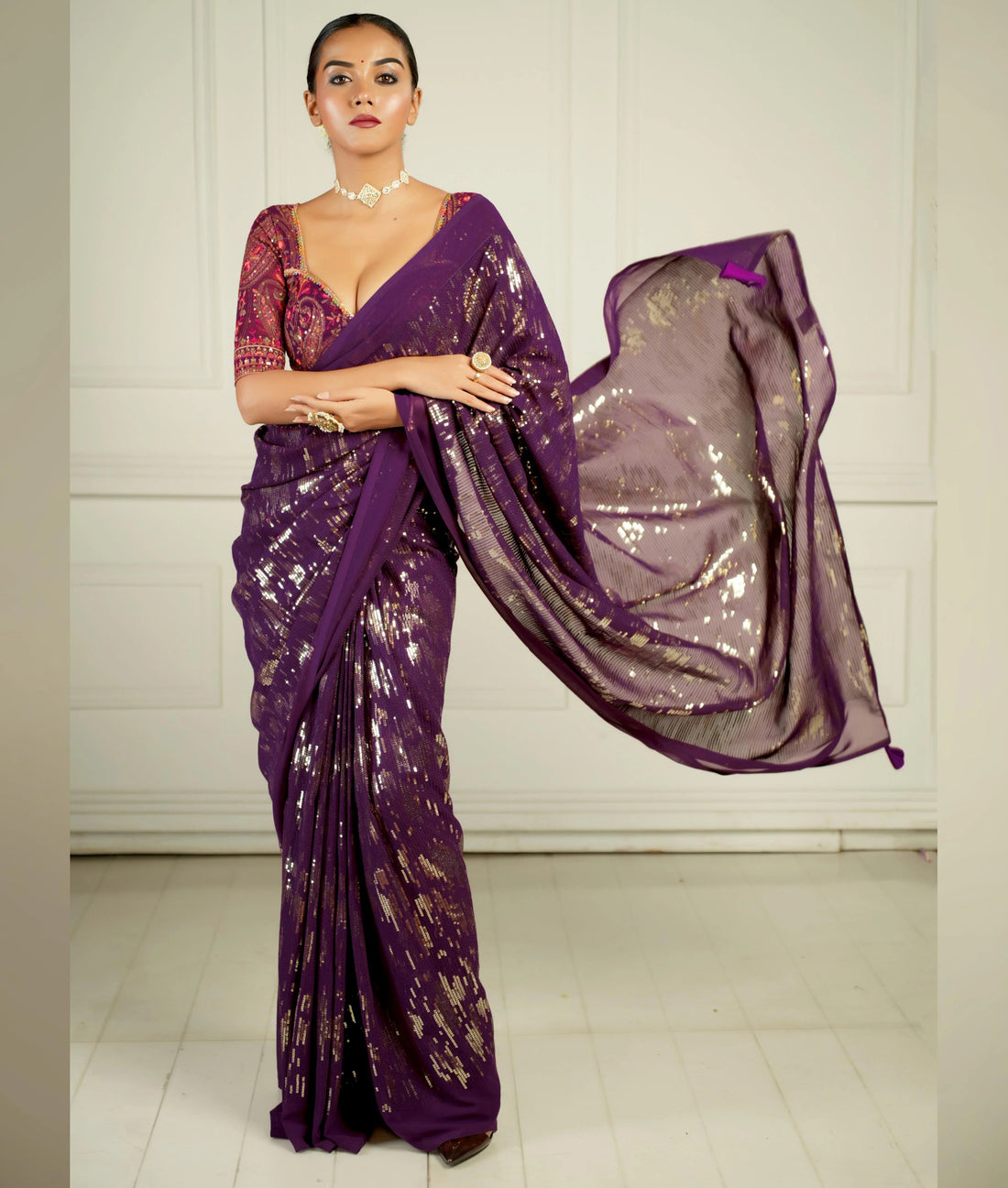 Wine georgette saree with blouse
