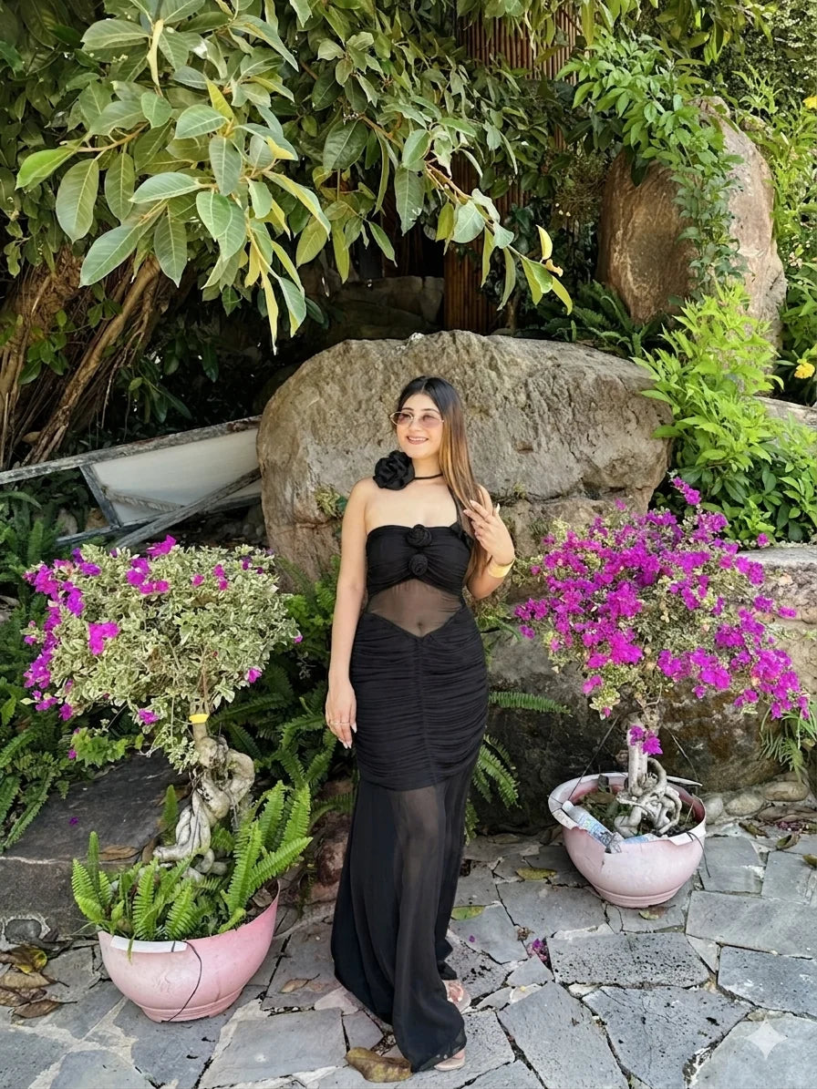 Fuchsia Rose Halo Choker Maxi Dress