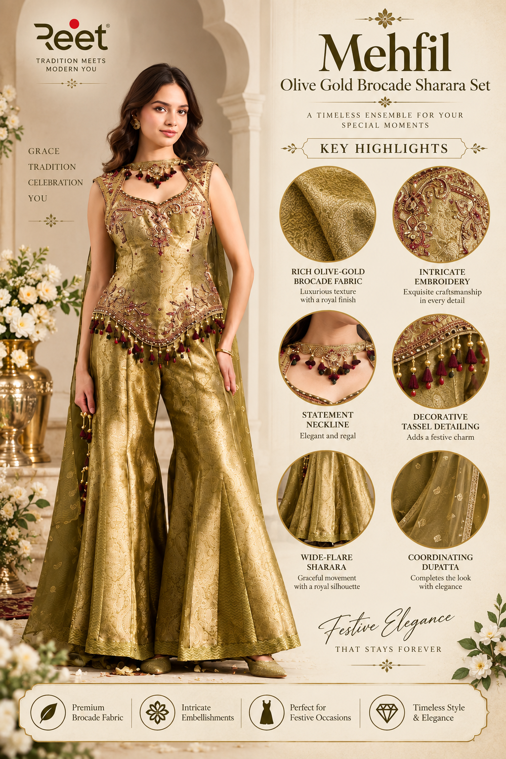Mehfil Olive Gold Brocade Sharara Set