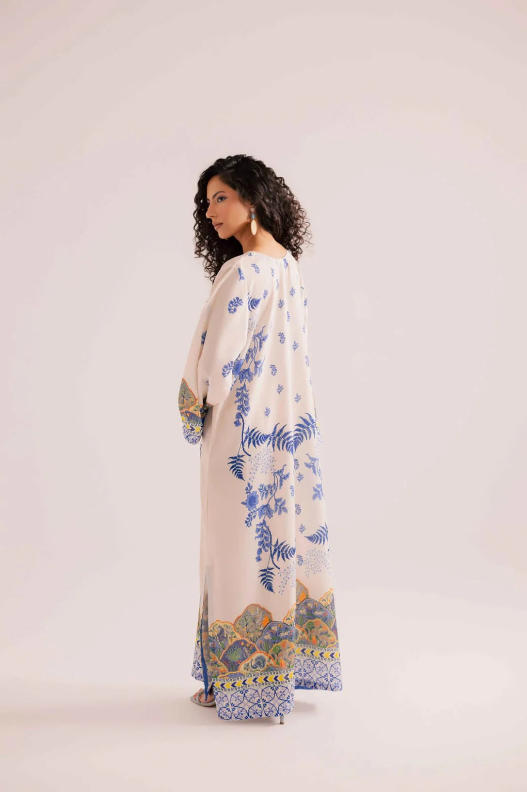Ivory Blue Floral Printed Kaftan Dress