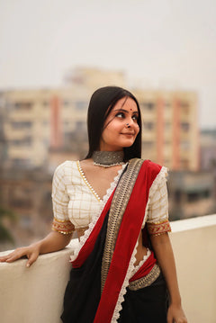Black and Red Designer Embroidered Border Saree With Blouse