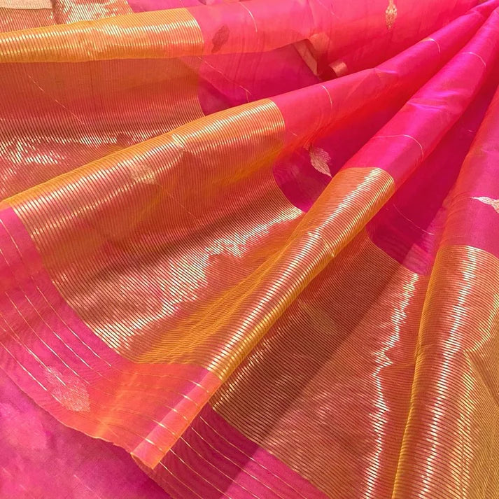 Coral Pink Dual Tone Chanderi Organza Silk Saree with Jhumka Zari Motifs