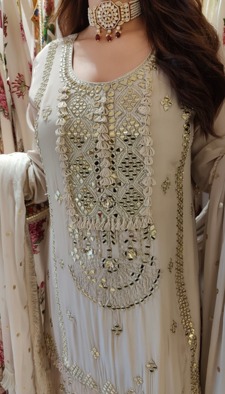 Champagne Grey Mirror Work Sharara Set