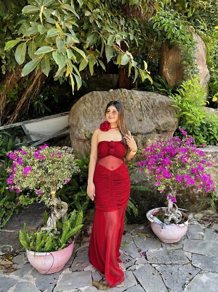 Fuchsia Rose Halo Choker Maxi Dress