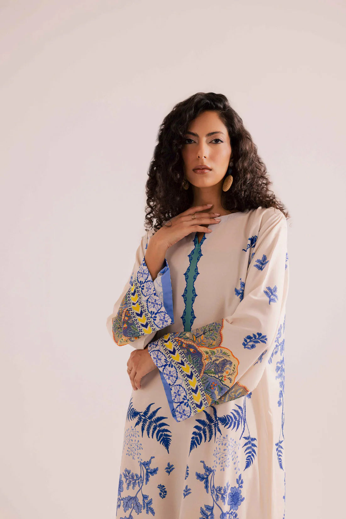 Ivory Blue Floral Printed Kaftan Dress