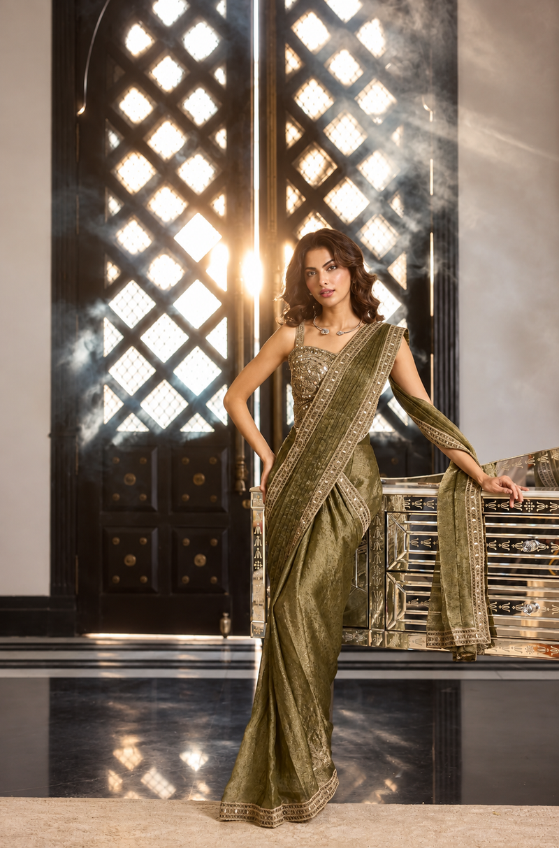 Olive Green Tissue Brocade Stone & Mirror Work Pre-Draped Saree
