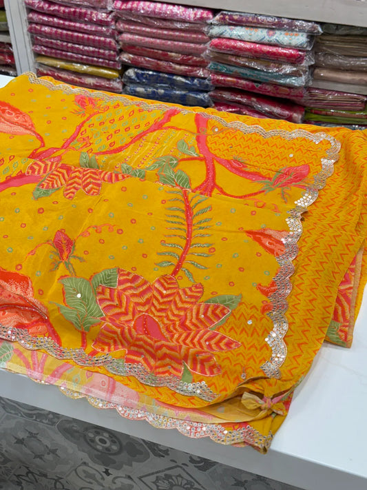 Yellow Floral Muslin Printed Saree 800