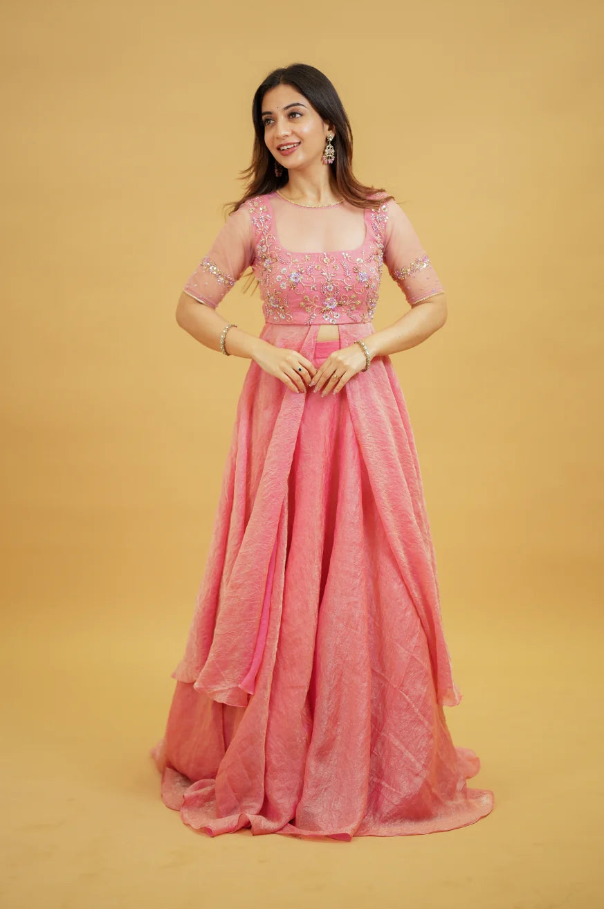 Premium Onion Pink Designer Lehenga Saree with Handworked Crop Top