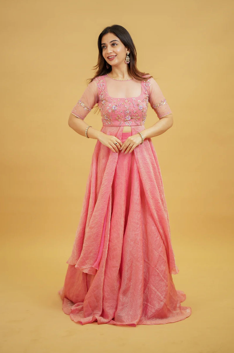 Premium Onion Pink Designer Lehenga Saree with Handworked Crop Top