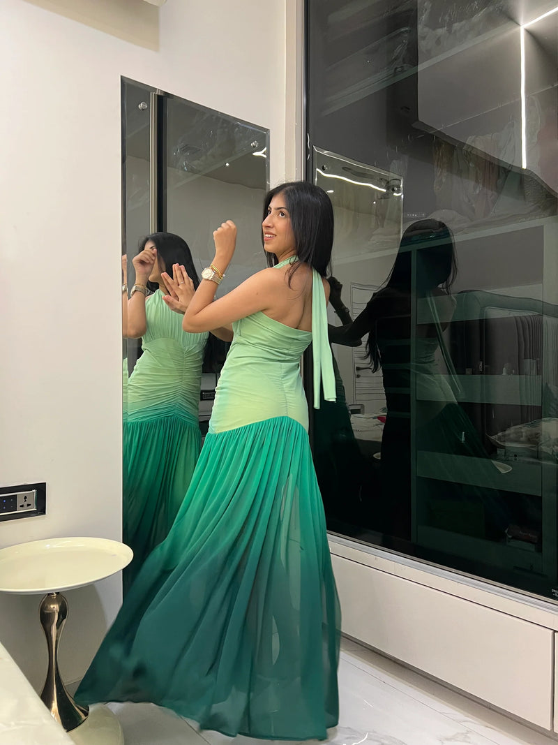 Green Mesh Lycra Flared Gown