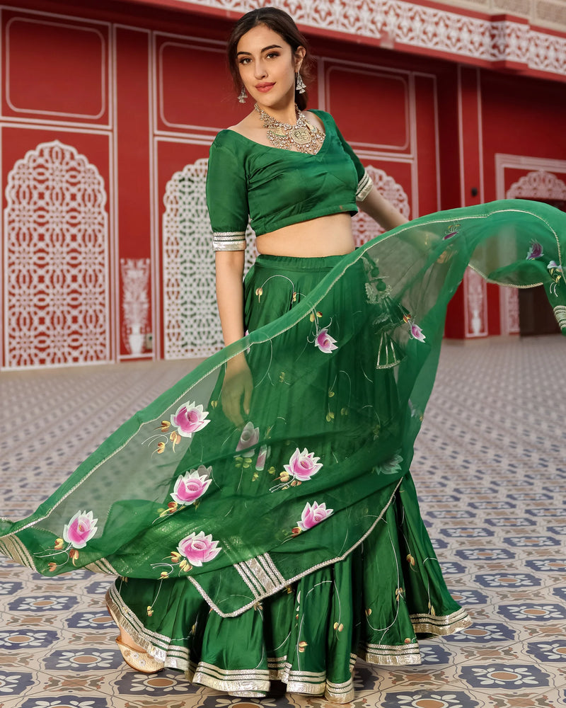 Green Hand-Painted Floral Satin Lehenga Set