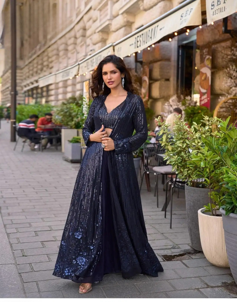 Georgette Embroidered Jacket Suit Set