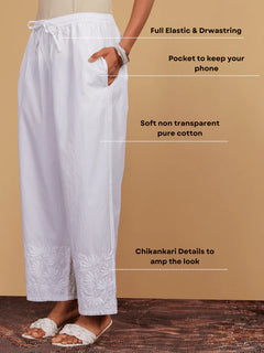 Cotton White Chikankari Straight Palazzo