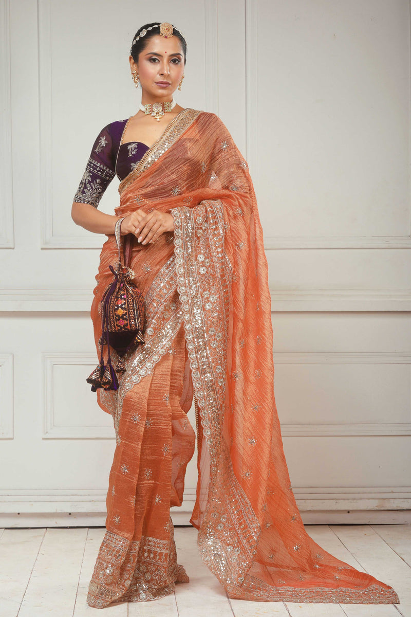 Crush Tissue Saree with Dark Wine Shimmer Tissue Blouse