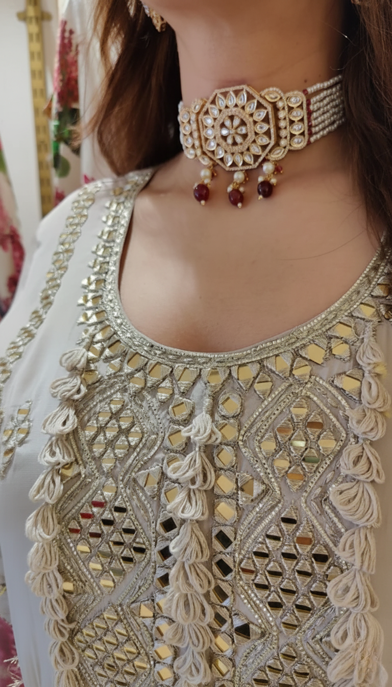 Champagne Grey Mirror Work Sharara Set