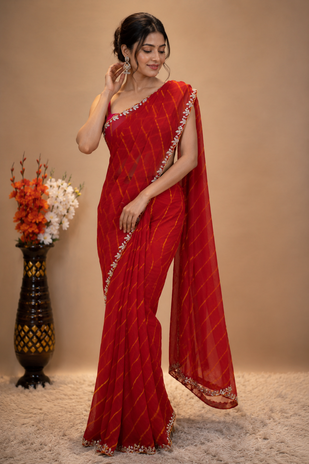 Ruby Leheriya Saree with Gota Patti Handwork