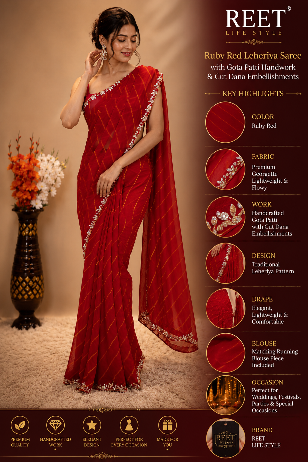 Ruby Leheriya Saree with Gota Patti Handwork