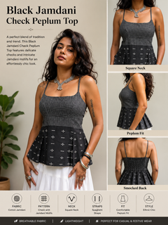 Black Jamdani Check Peplum Top