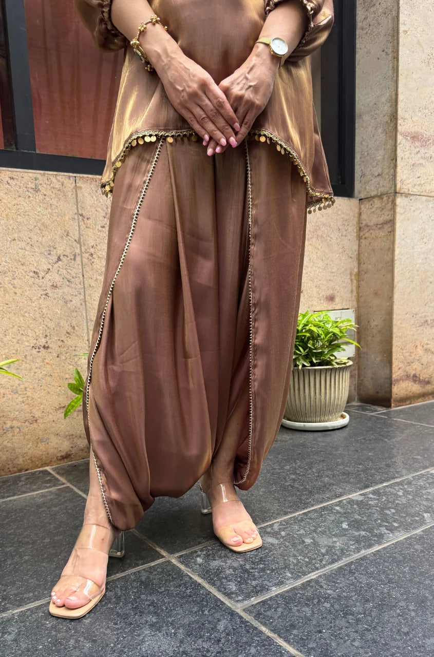 Mahira Luxe Shimmer Silk Tunic Top with Dhoti Skirt