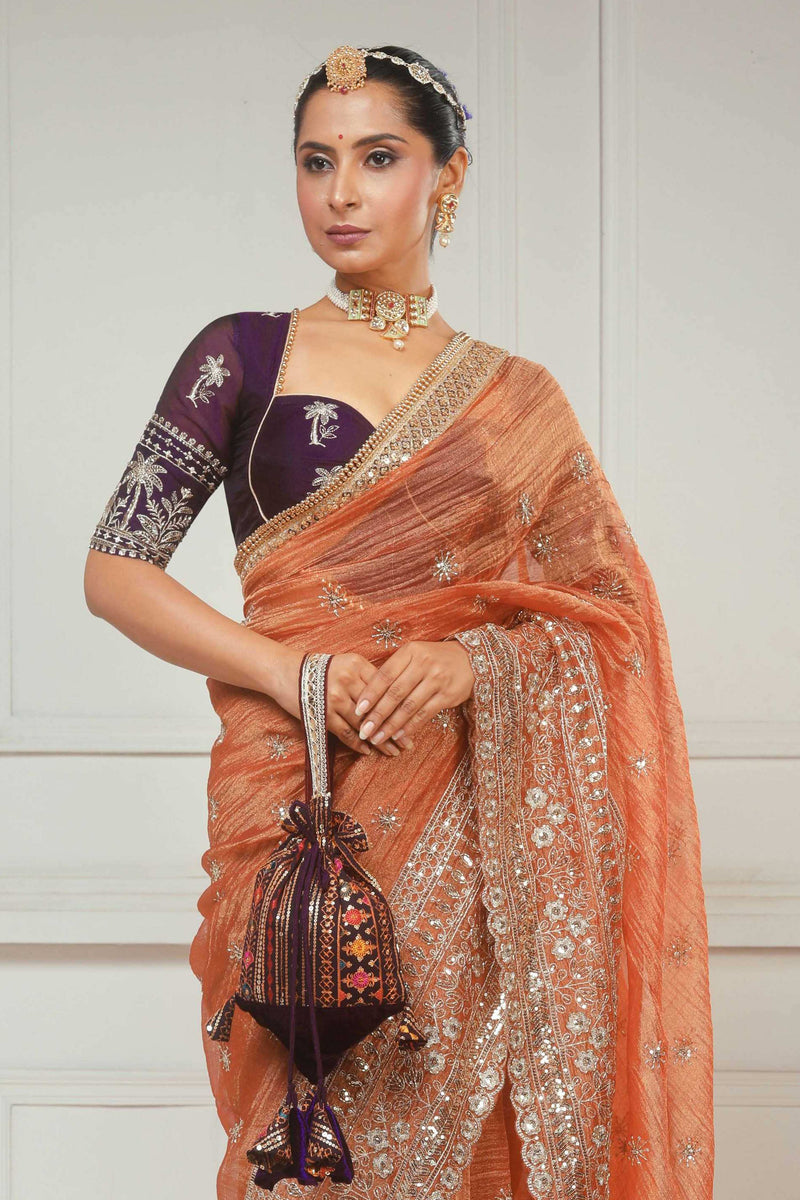 Crush Tissue Saree with Dark Wine Shimmer Tissue Blouse