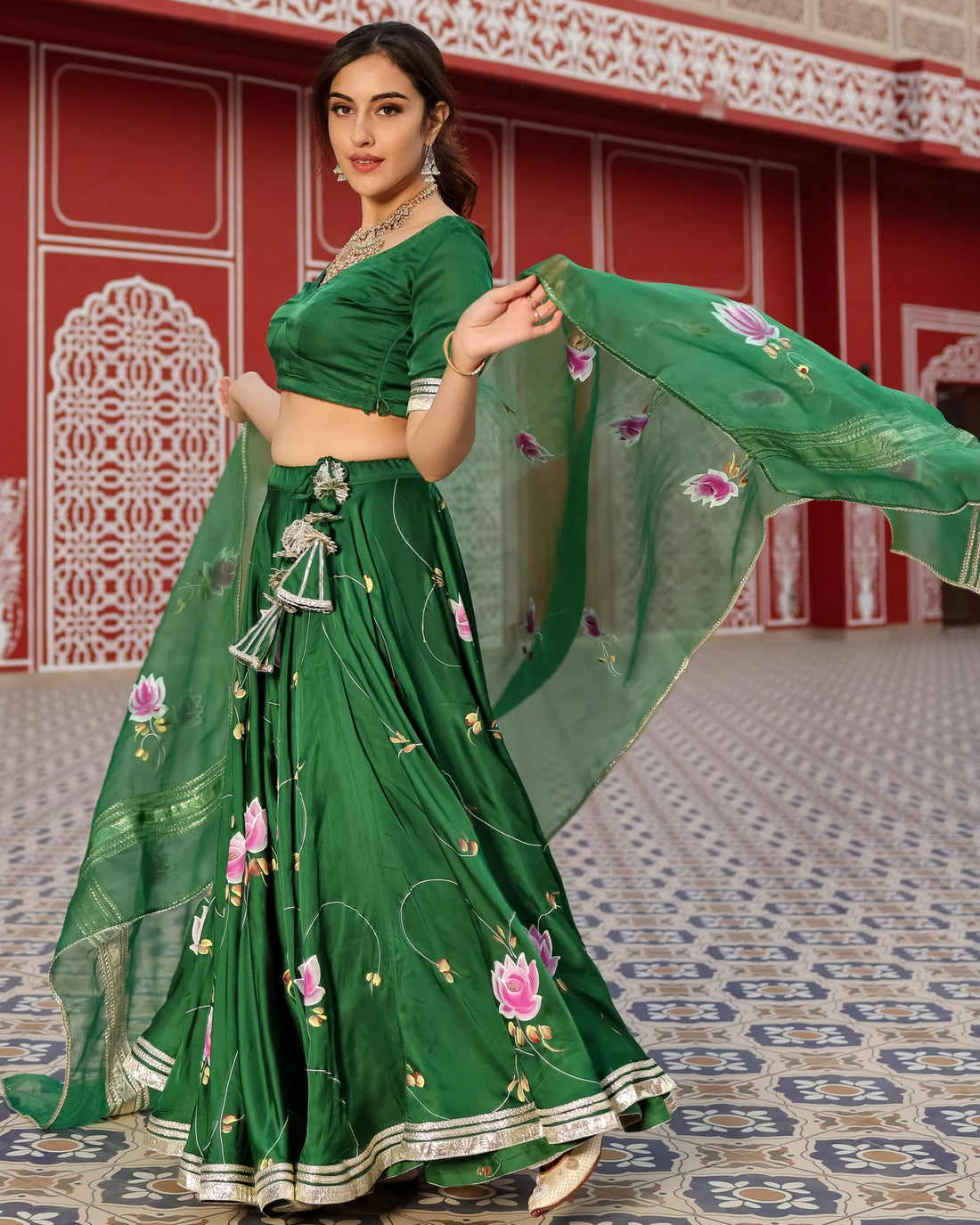 Green Hand-Painted Floral Satin Lehenga Set
