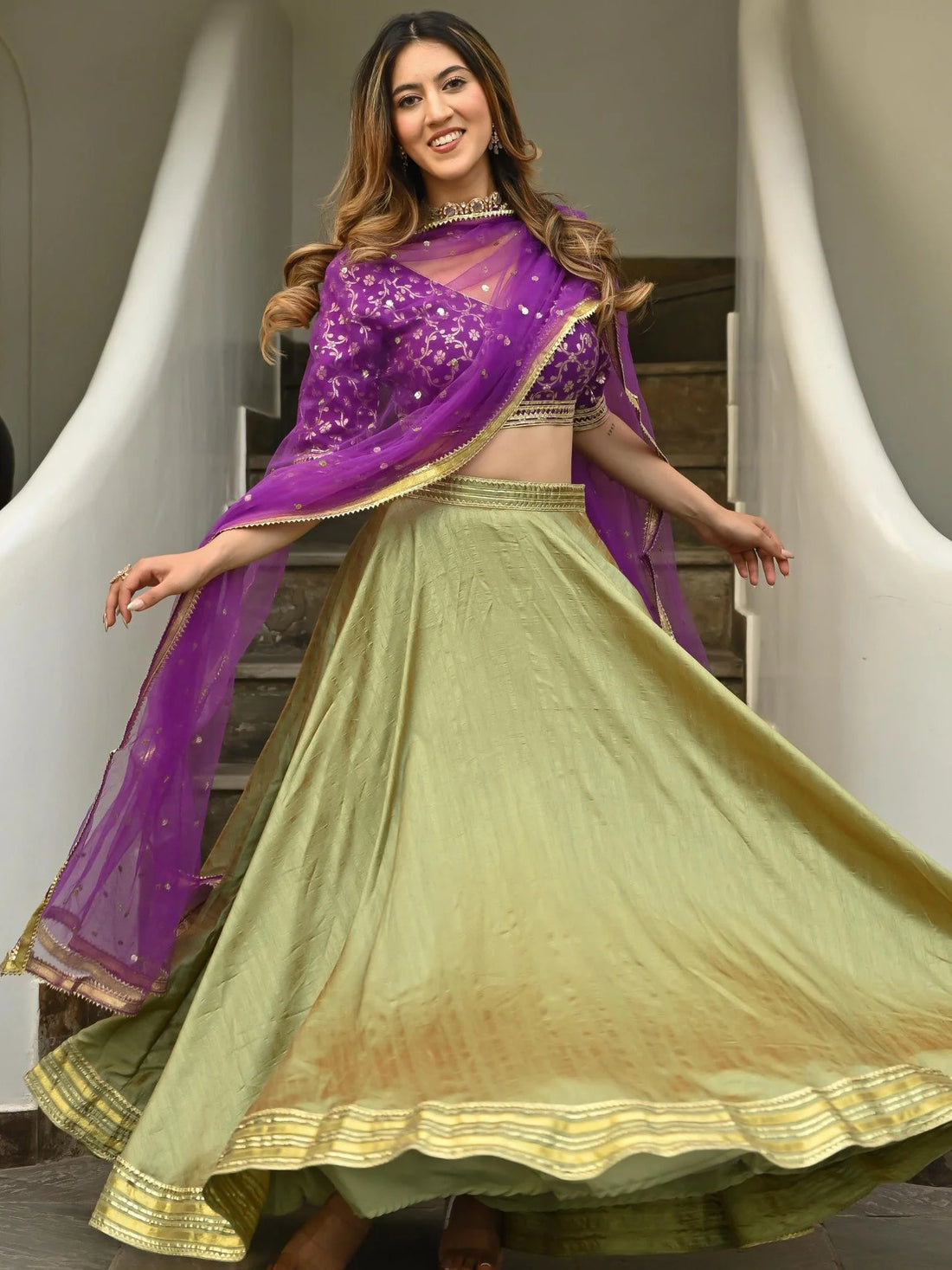 Green Purple Brocade Gota Lehenga Set