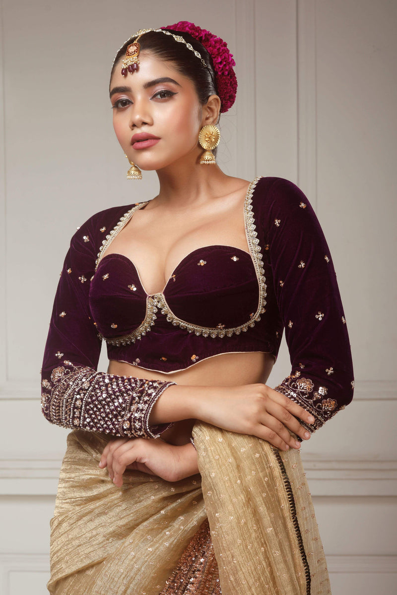 Brushed Gold Crush Tissue Saree with Dark Purple Velvet Embroidered Blouse