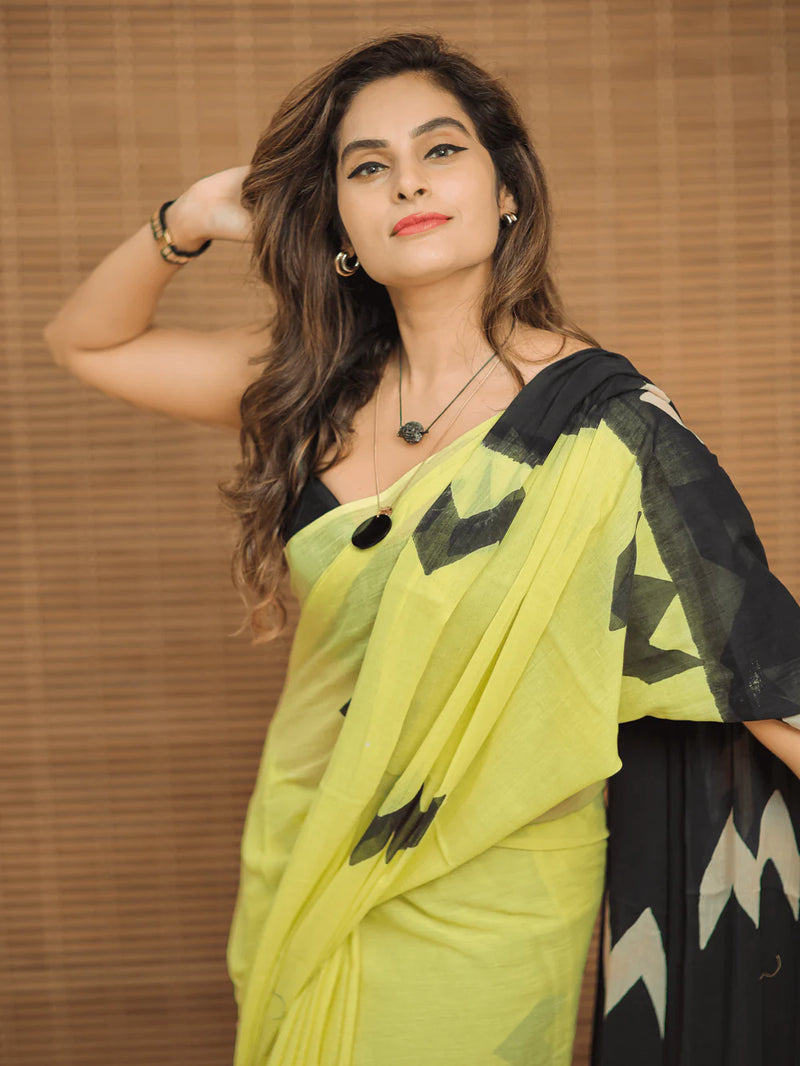 Yellow Pure Mul Cotton Saree