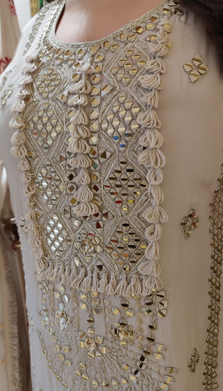 Champagne Grey Mirror Work Sharara Set