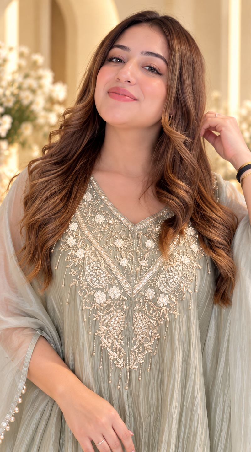 Noor-E-Zar Sage Grey Embroidered Kaftaan Palazzo Set