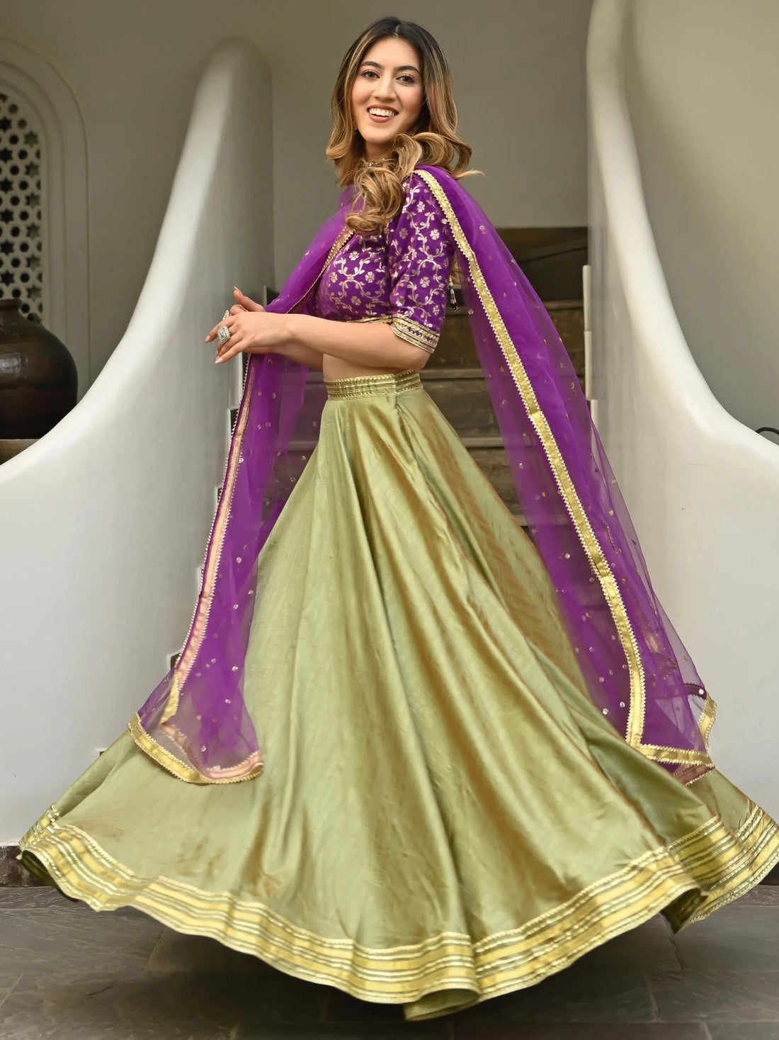 Green Purple Brocade Gota Lehenga Set