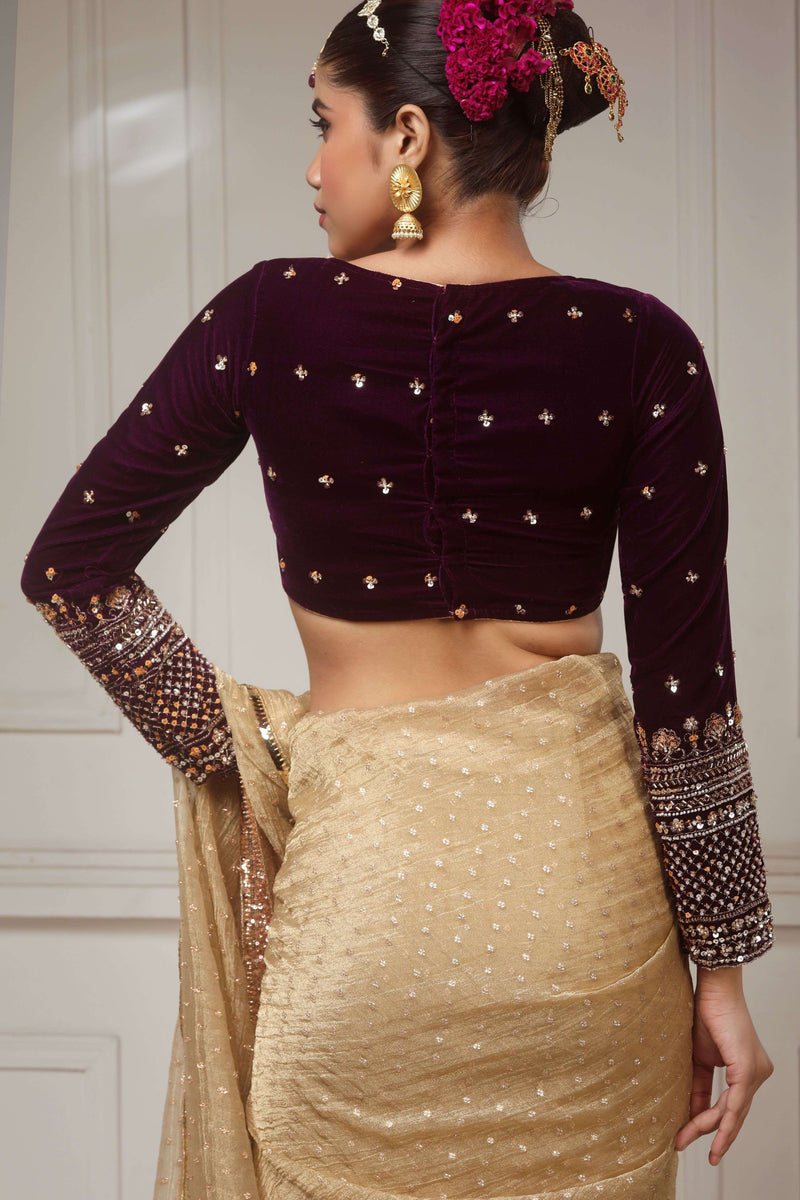 Brushed Gold Crush Tissue Saree with Dark Purple Velvet Embroidered Blouse