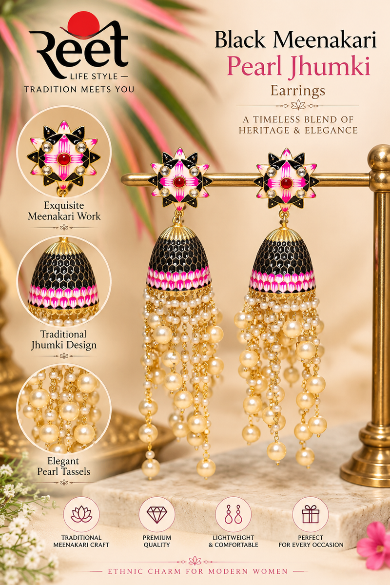 Black Meenakari Pearl Jhumki Earrings