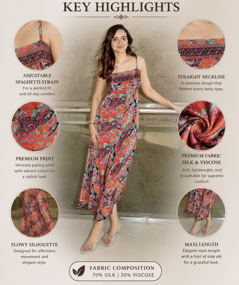 Women's Premium Viscose Silk Paisley Print Maxi Dress