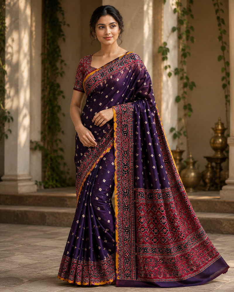 Ajrakh Grace Modal Bandhani Saree