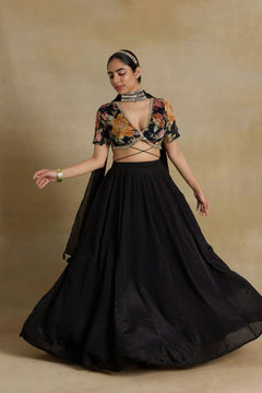 Noir Elegance Embroidered Chinnon Lehenga Set