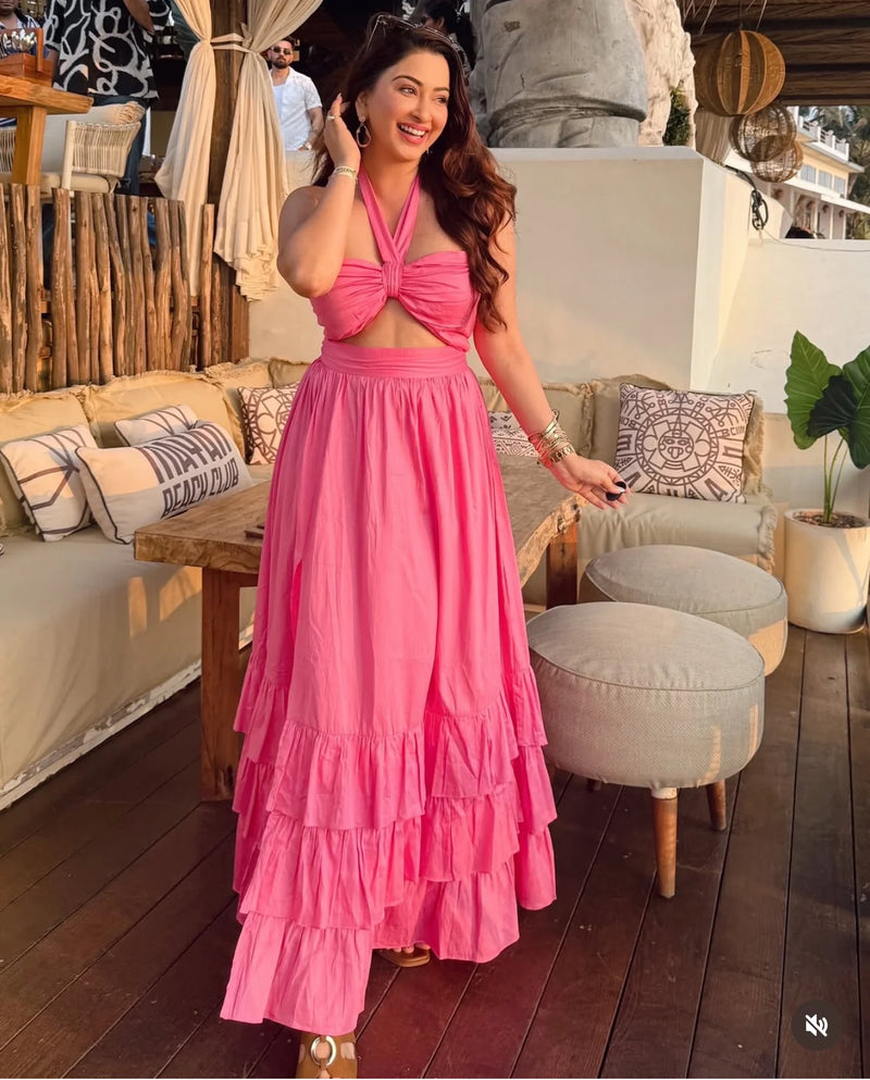 Pink Cotton Flared Maxi Dress