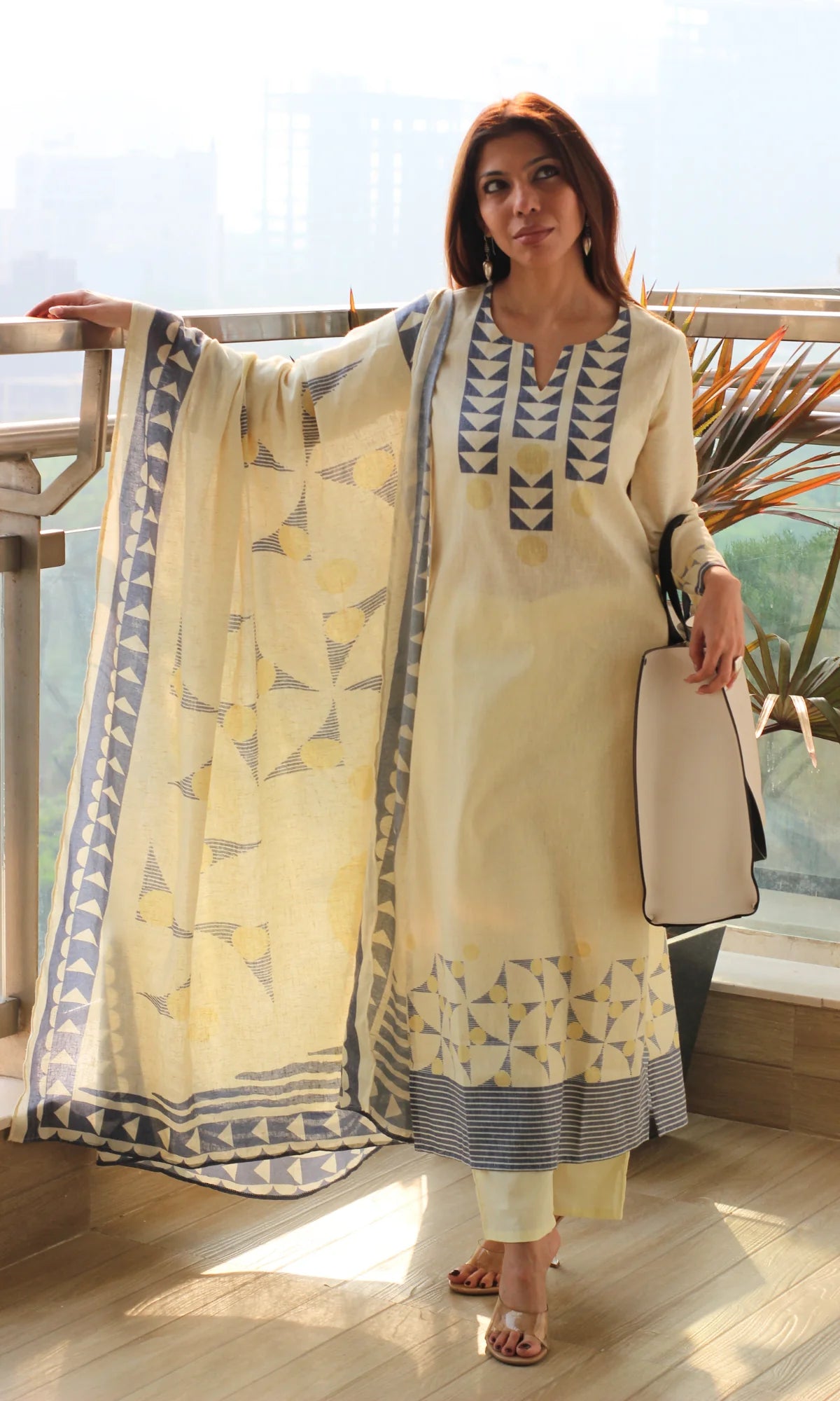 Linen Blend Butter Yellow Abstract Print Kurta , Dupatta & Cotton Pants