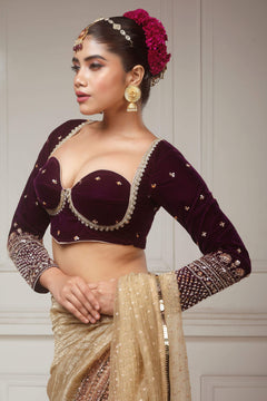 Brushed Gold Crush Tissue Saree with Dark Purple Velvet Embroidered Blouse
