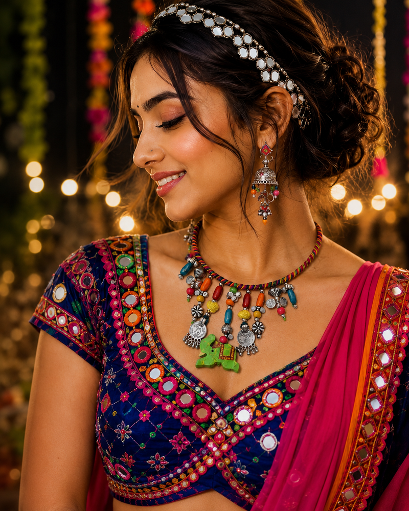Handcrafted Elephant Pendant Necklace Set with Bird Earrings