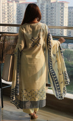 Linen Blend Butter Yellow Abstract Print Kurta , Dupatta & Cotton Pants
