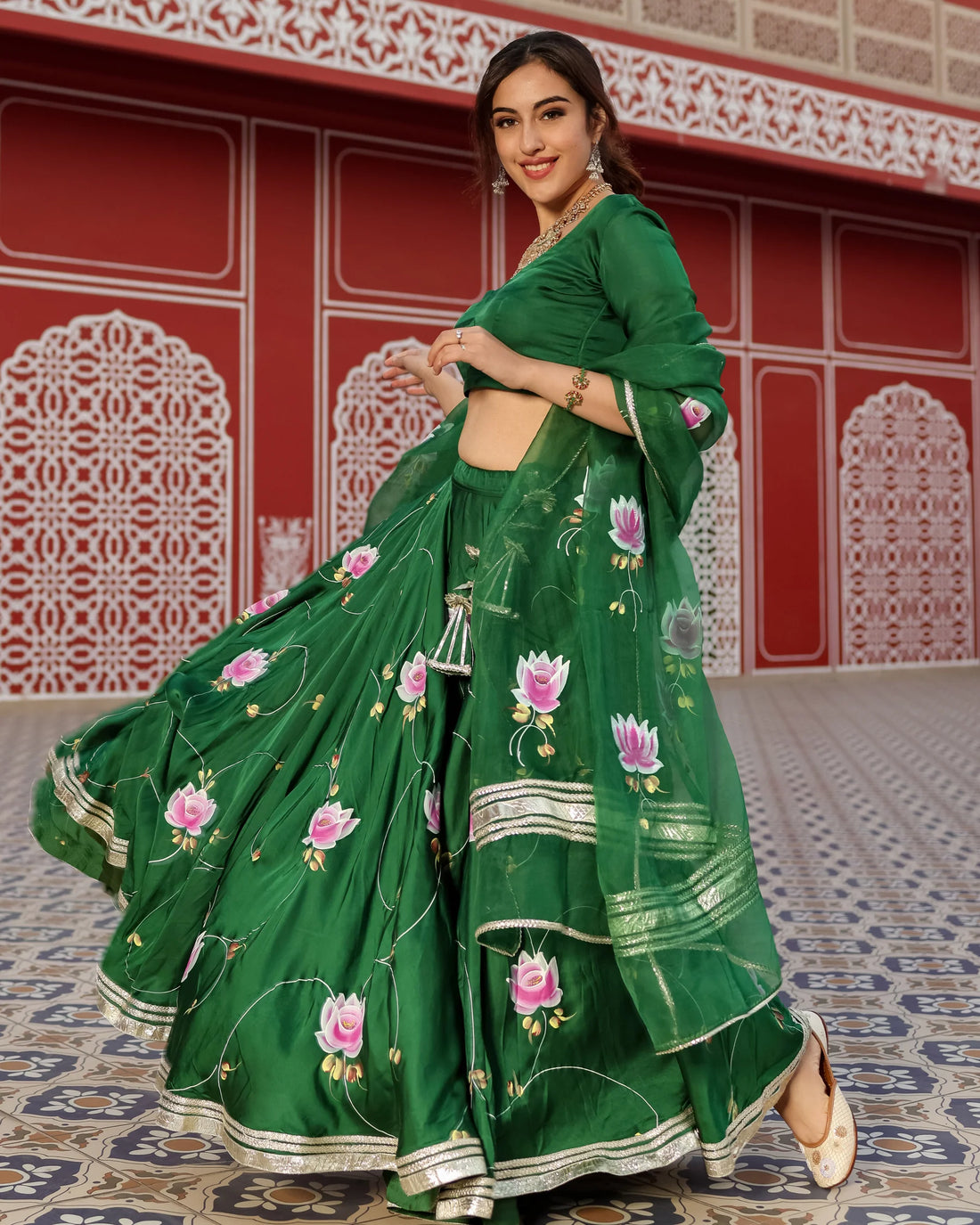 Green Hand-Painted Floral Satin Lehenga Set