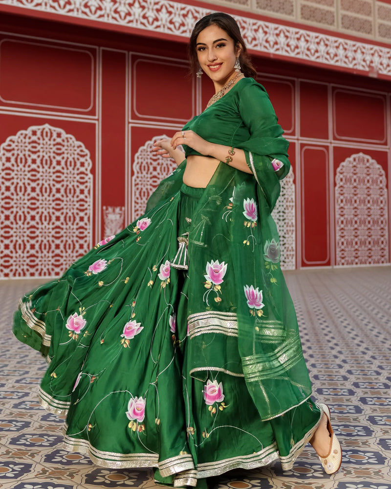 Green Hand-Painted Floral Satin Lehenga Set