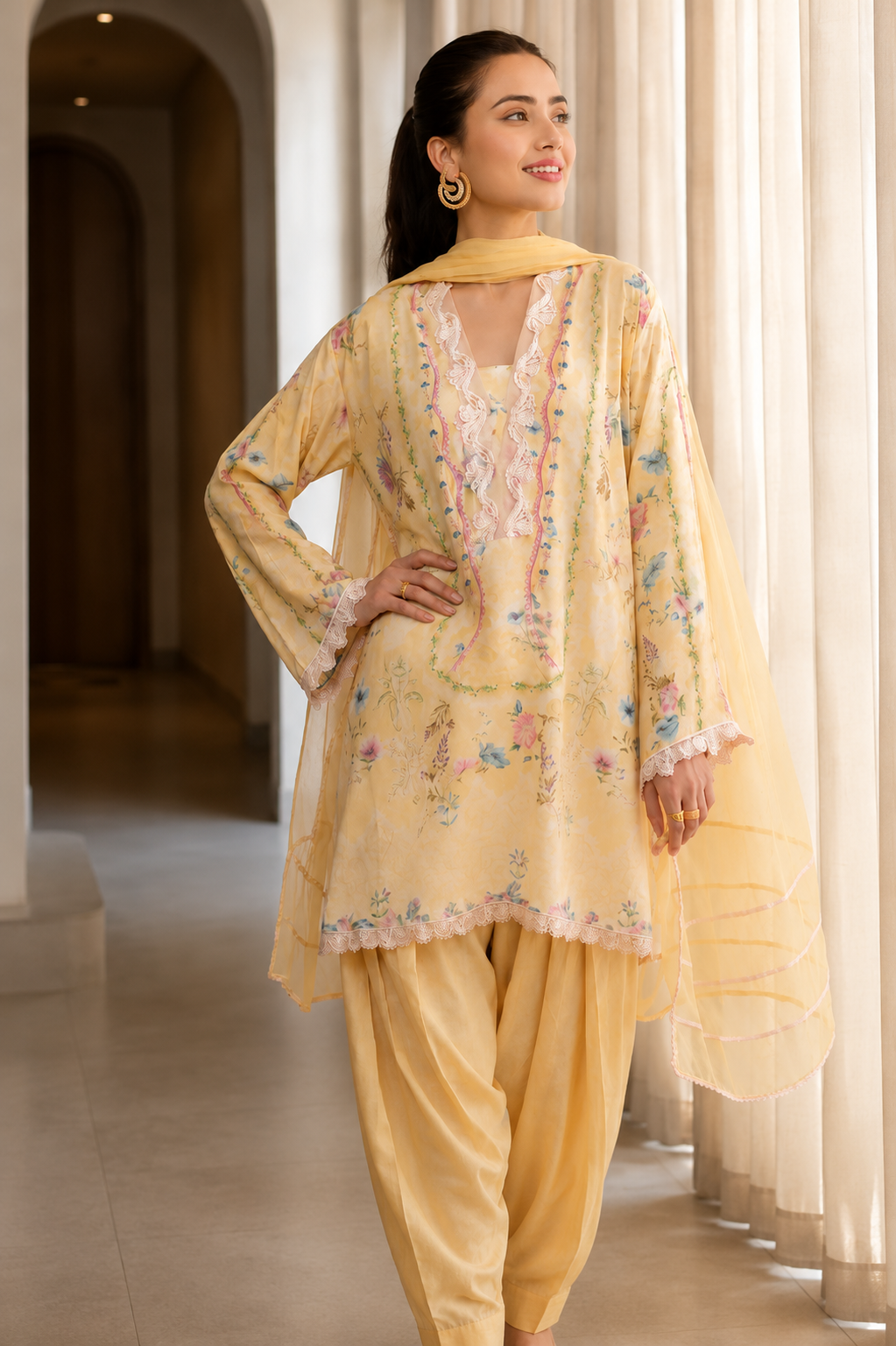 Women's Yellow Floral Muslin Farshi Salwar Suit Set